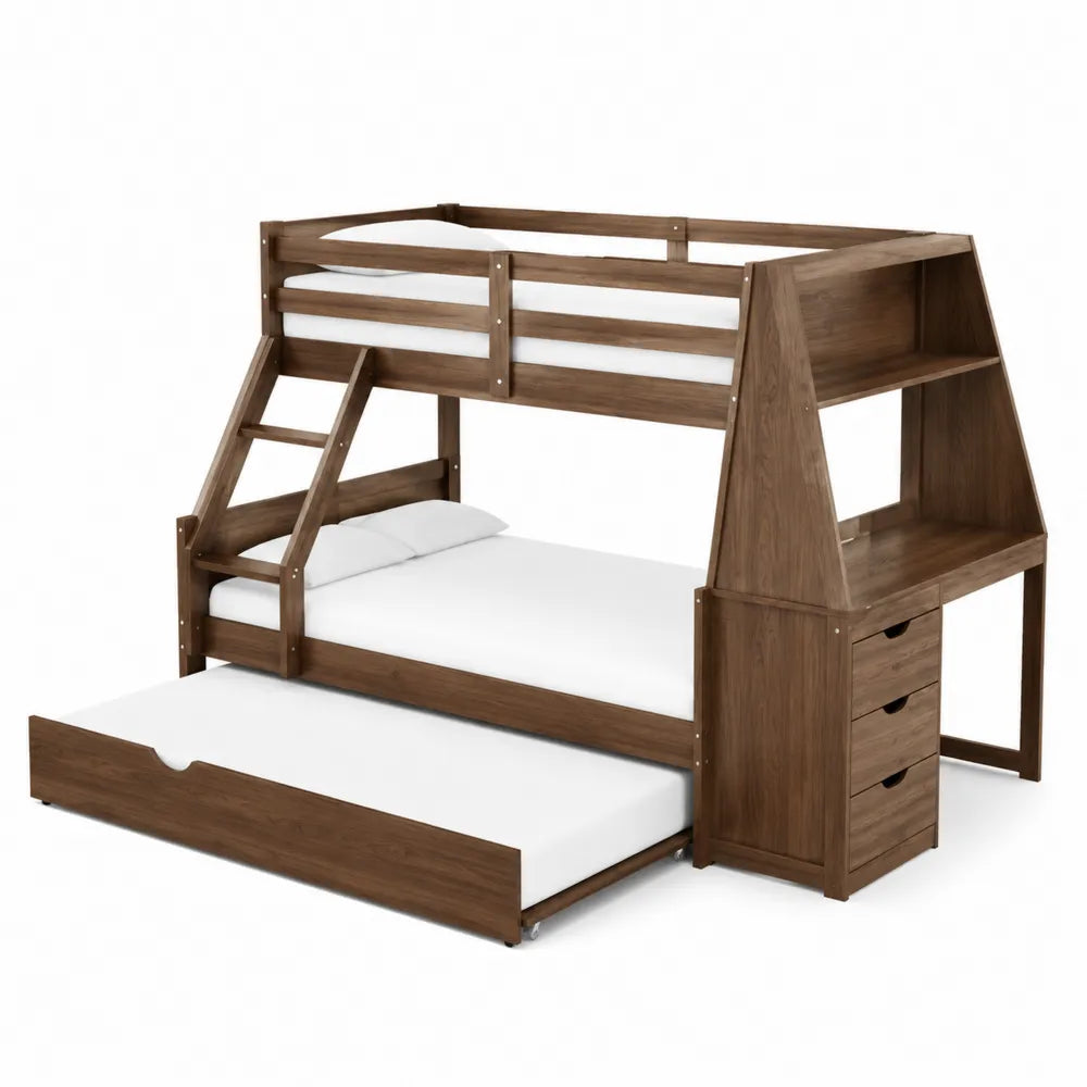 Letto a castello triplo in legno di pino con scrivania e cassetti