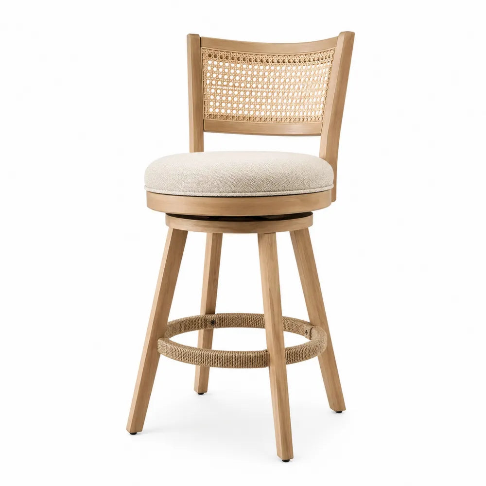 Sgabello da Bar in Legno di Rovere con Seduta Imbottita e Schienale in Rattan