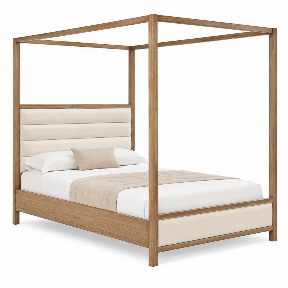 Letto a Baldacchino in Rovere con Testiera in Tessuto Beige 200x160 cm