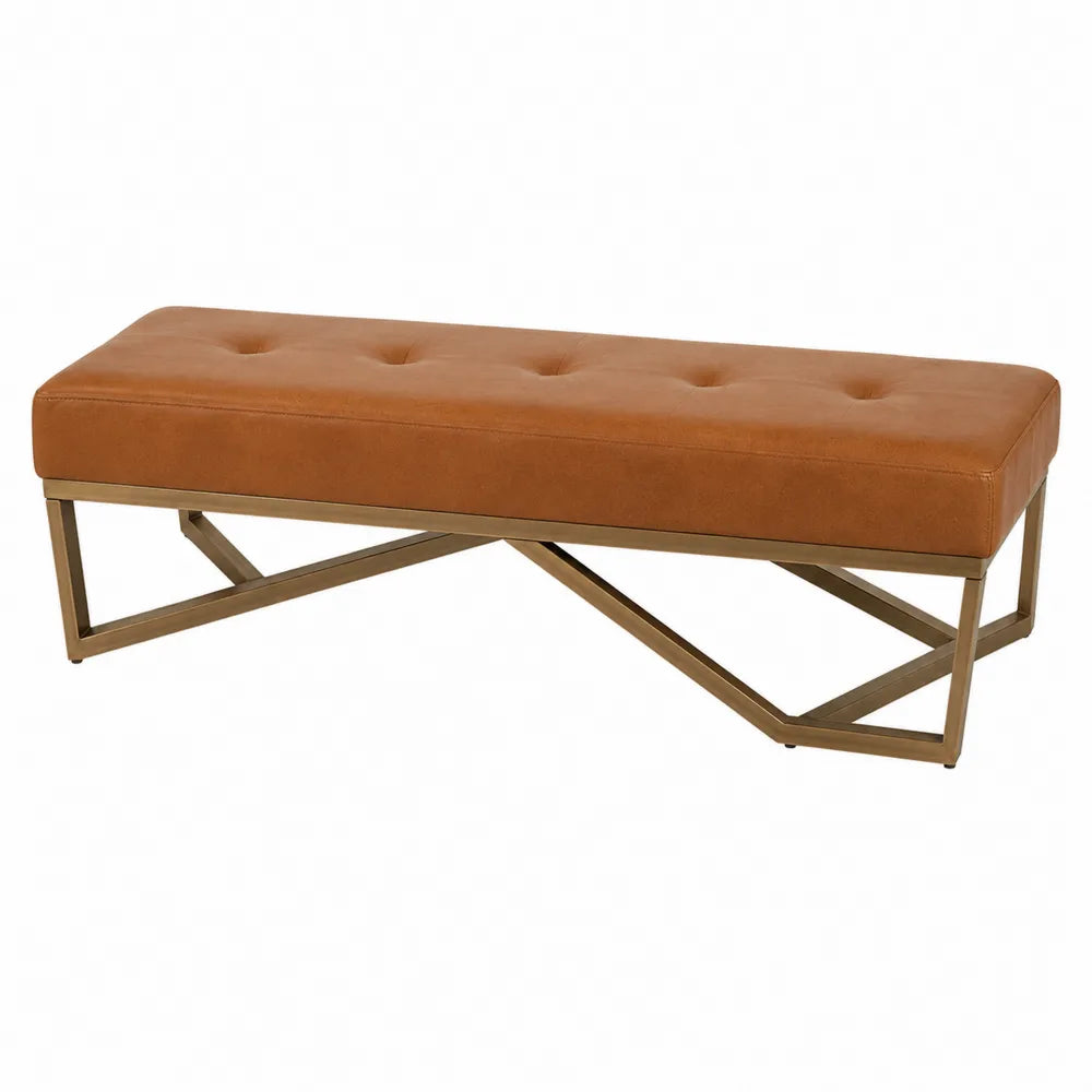 Panca rettangolare in similpelle marrone con base in metallo dorato