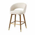 Sgabello in tessuto beige con gambe in legno e dettagli in metallo dorato