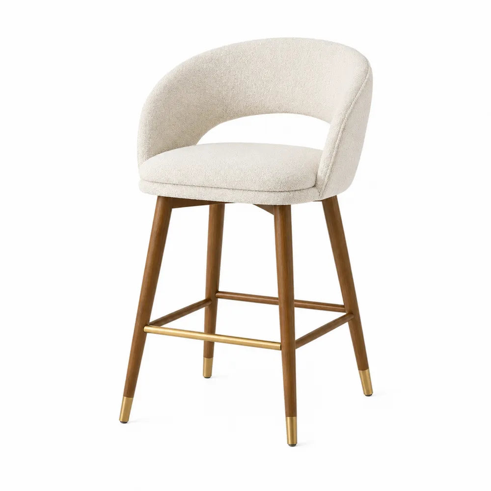Sgabello in tessuto beige con gambe in legno e dettagli in metallo dorato