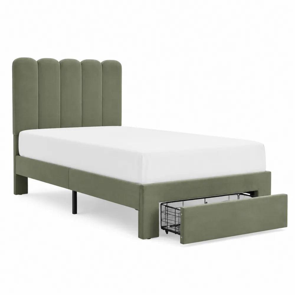 Letto Singolo in Velluto Verde con Cassetto Contenitore