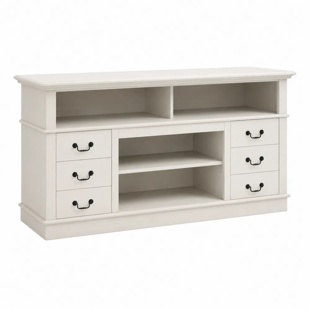 Credenza TV in legno di pino bianco con cassetti e mensole 152x76x41 cm