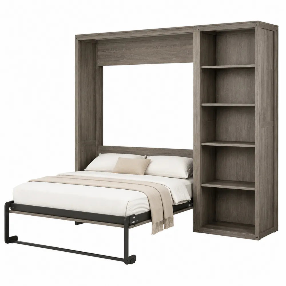 Letto a scomparsa matrimoniale in legno con libreria