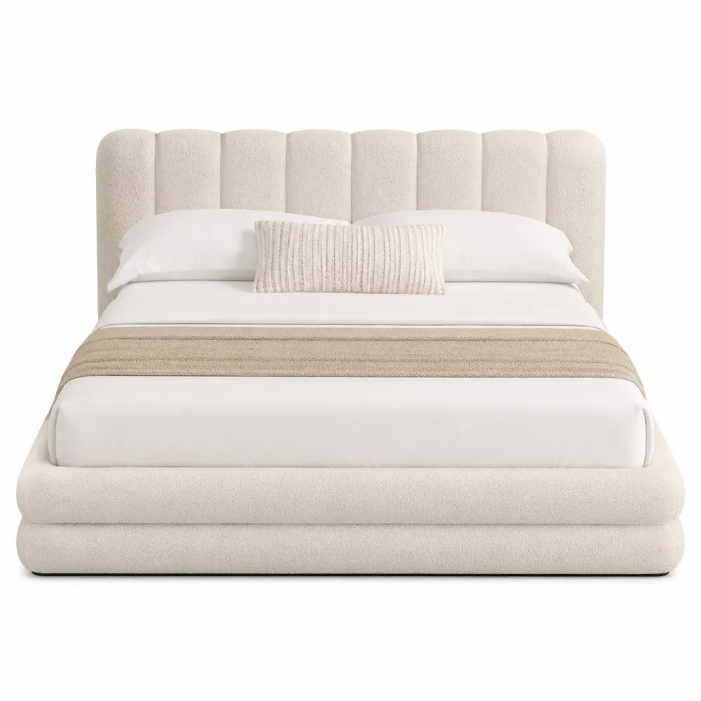 Letto matrimoniale in legno e tessuto bouclé crema 200x180 cm