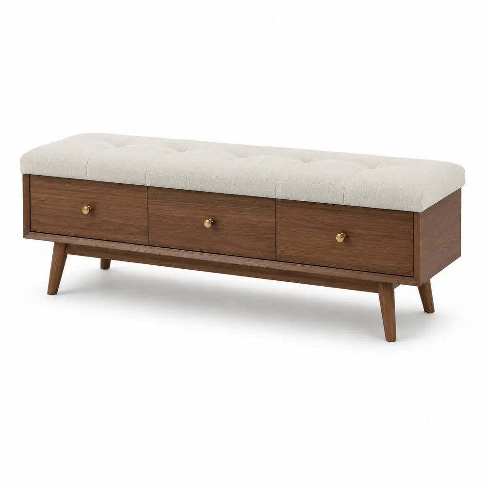 Panca in legno con cassetti e seduta in tessuto beige